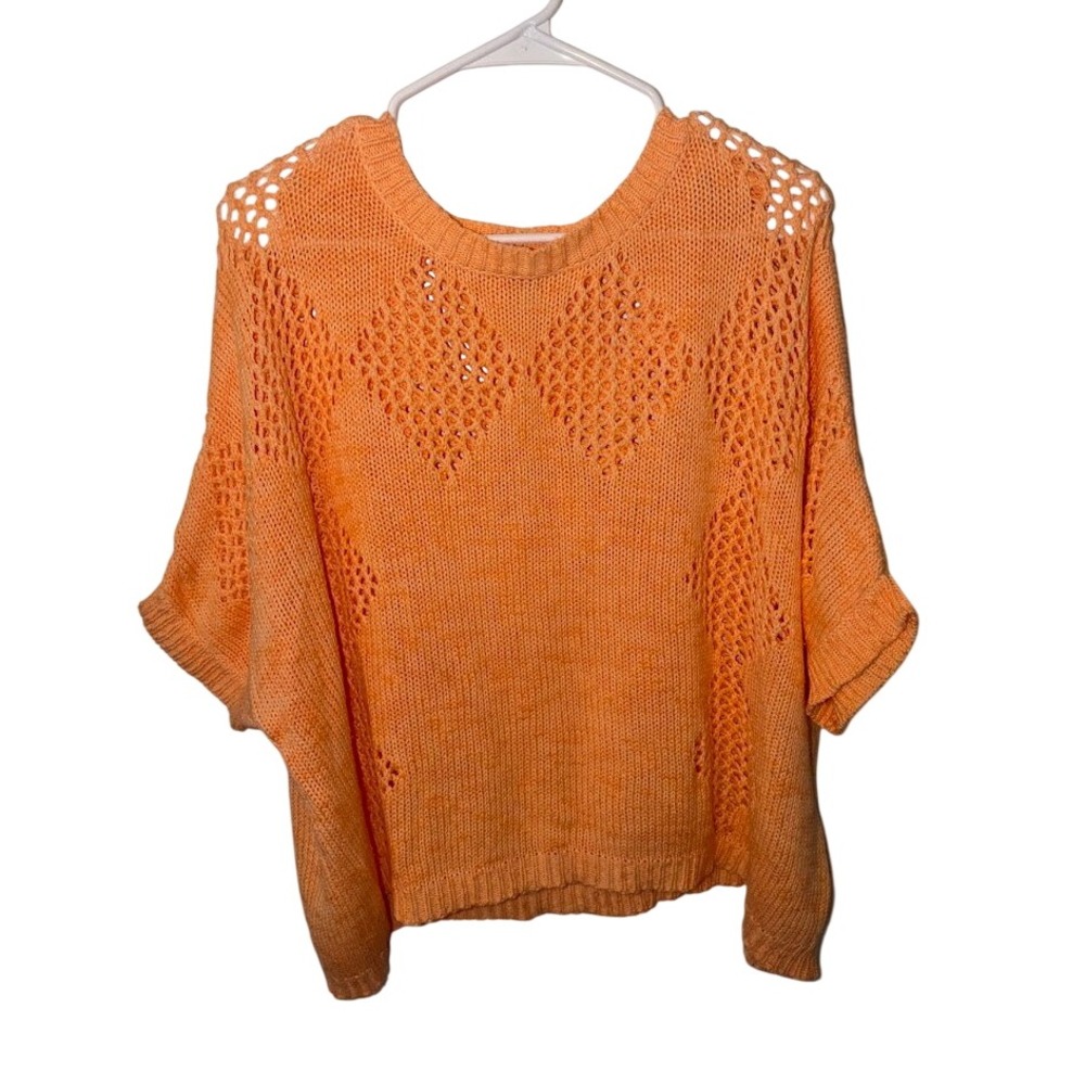 Cato Womens XL Orange Open Knit Diamond Pointelle Short Sleeve Sweater Pullover